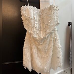 White Pearl Beaded Strapless Mini Dress